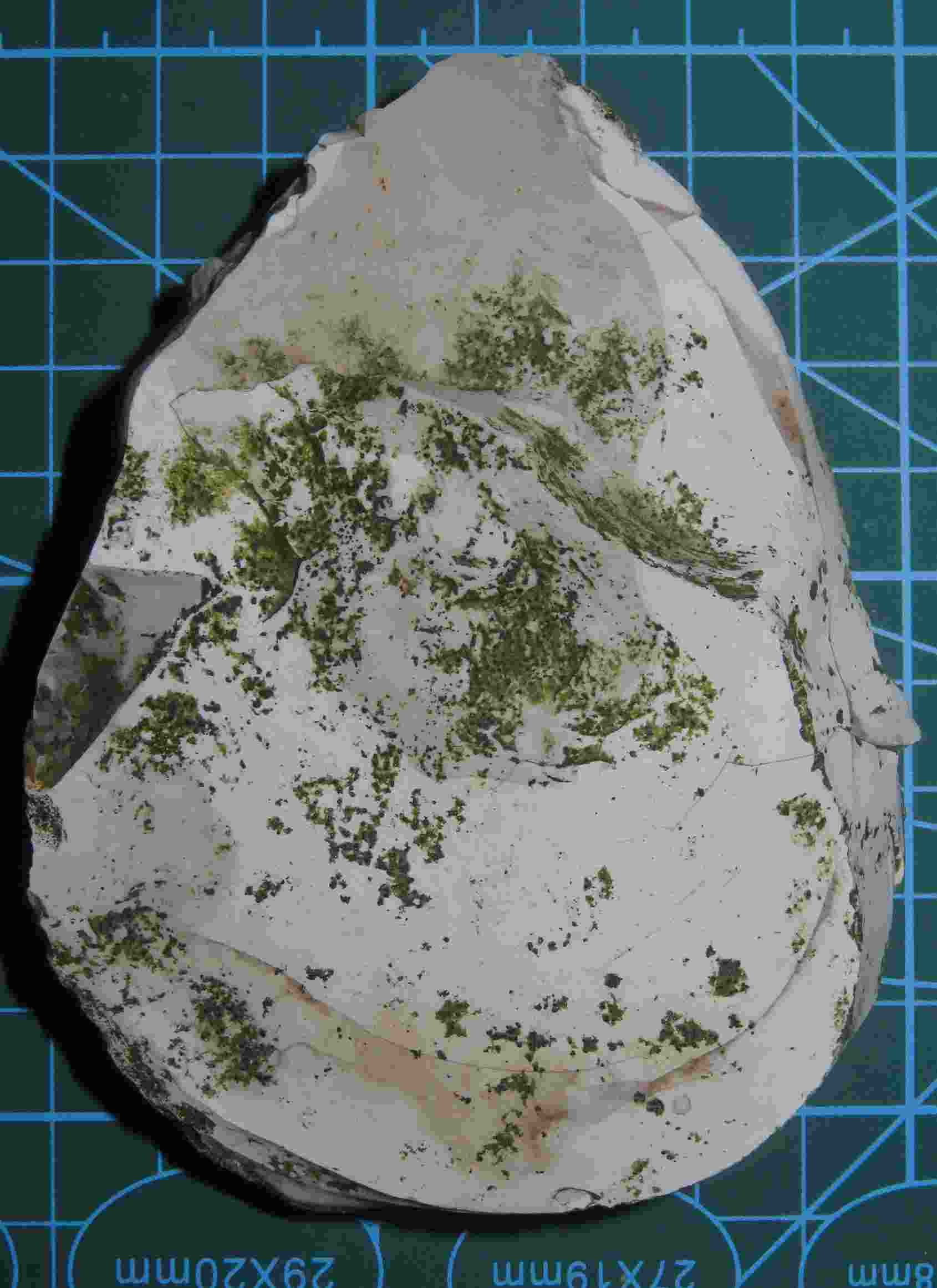 Acheulean handaxe: bifacially worked flint with symmetrical tear-drop profile